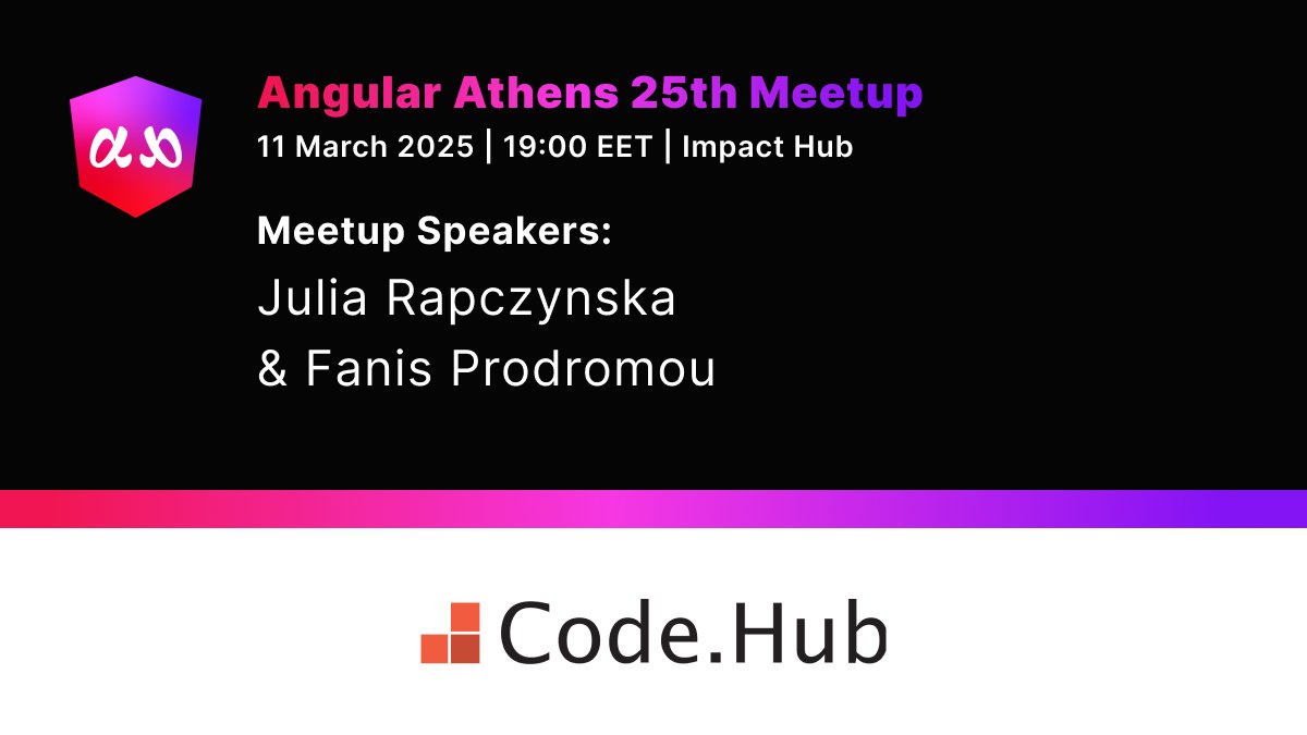 AngularAthens (@athensangular) on Twitter photo 🔔 Heads up! Tomorrow is the 25th Angular Athens Meetup.
Speakers: Julia Rapczynska & <a href="/prodromouf/">Fanis Prodromou</a>
Gold Sponsor: <a href="/CodeHub_GR/">Code.Hub</a>
🗓️ March 11th, 19:00 EET
📍 <a href="/ImpactHubAthens/">Impact Hub Athens</a>
🔗meetup.com/angular-athens…
#angularathens #meetup #angular 🔔 Heads up! Tomorrow is the 25th Angular Athens Meetup.
Speakers: Julia Rapczynska & <a href="/prodromouf/">Fanis Prodromou</a>
Gold Sponsor: <a href="/CodeHub_GR/">Code.Hub</a>
🗓️ March 11th, 19:00 EET
📍 <a href="/ImpactHubAthens/">Impact Hub Athens</a>
🔗meetup.com/angular-athens…
#angularathens #meetup #angular