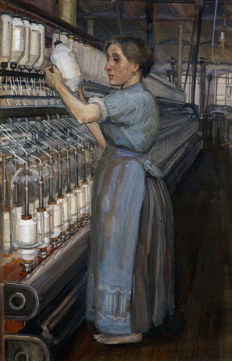One from September 2021 of a little known Manchester School of Art and RCA trained artist who put down her brushes to light a fire 🔥 … long may it burn  #InternationalWomensDay 

In a Glasgow Cotton Spinning Mill: Changing The Bobbin (1907) by Sylvia Pankhurst (1882-1960)