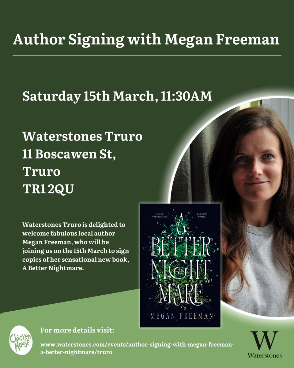 Chicken House (@chickenhsebooks) on Twitter photo Author signing event at Waterstones Truro
Head down to Truro on Sat 15th March to meet local author Megan Freeman who will be signing copies of her sensational new book A BETTER NIGHTMARE 🖤
Releasing 13th March 2025
<a href="/WaterstonesTRU/">Waterstones Truro</a> Author signing event at Waterstones Truro
Head down to Truro on Sat 15th March to meet local author Megan Freeman who will be signing copies of her sensational new book A BETTER NIGHTMARE 🖤
Releasing 13th March 2025
<a href="/WaterstonesTRU/">Waterstones Truro</a>