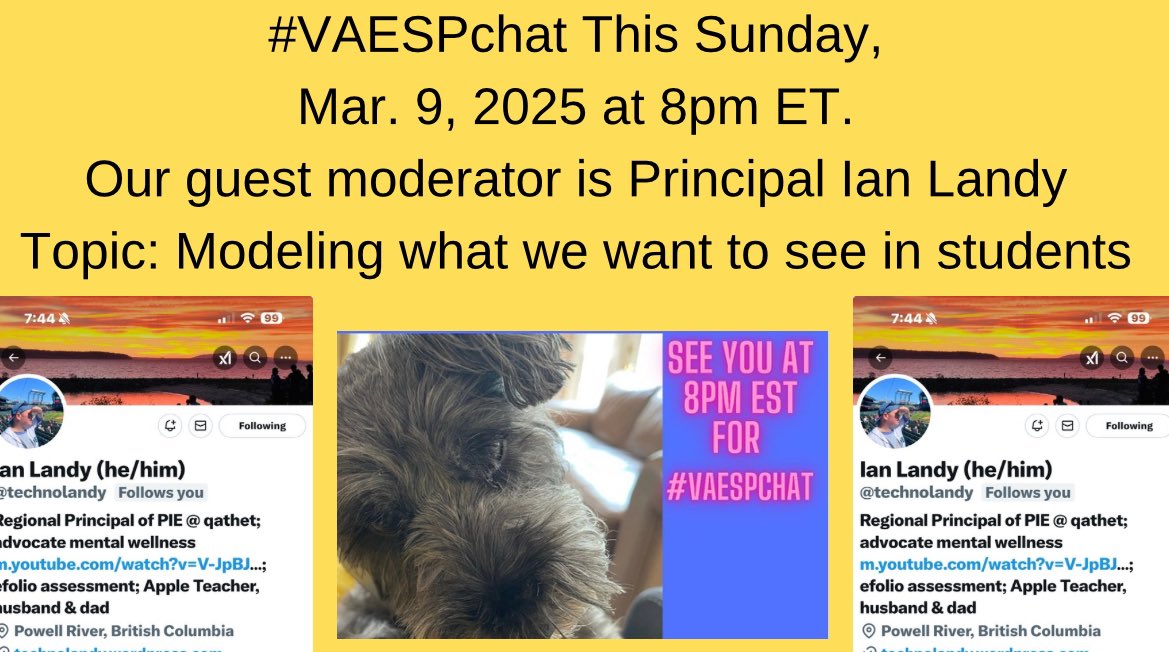 Dr. Andrew Buchheit (@andrewbuchheit) on Twitter photo #VAESPchat Sunday, March 9 at 8Pm ET with <a href="/technolandy/">Ian Landy (he/him)</a> Ian Landy. Topic: Modeling what we want to see in students. <a href="/Empathic_Paws/">Dr. Jessica Maricevic</a> <a href="/KbartonKrista/">Krista Barton Arnold</a> <a href="/MrsASchott/">Amy Schott</a> <a href="/CcpWilson/">Dr. Patrice C Wilson</a> <a href="/DrZissios/">Patricia Zissios</a> <a href="/egoodman1215/">Dr. Eric Goodman</a> <a href="/jmatherly/">John Matherly</a> <a href="/ChuckMossEDU/">Chuck Moss #DontBeAfraidToBeAwesome</a> <a href="/GinnyGills/">Ginny Gills</a> <a href="/susan_danielson/">Susan</a> <a href="/AmyGonzales622/">Dr. Amy Gonzales</a> <a href="/_AndyJacks/">Dr. Andy Jacks</a> #VAESPchat Sunday, March 9 at 8Pm ET with <a href="/technolandy/">Ian Landy (he/him)</a> Ian Landy. Topic: Modeling what we want to see in students. <a href="/Empathic_Paws/">Dr. Jessica Maricevic</a> <a href="/KbartonKrista/">Krista Barton Arnold</a> <a href="/MrsASchott/">Amy Schott</a> <a href="/CcpWilson/">Dr. Patrice C Wilson</a> <a href="/DrZissios/">Patricia Zissios</a> <a href="/egoodman1215/">Dr. Eric Goodman</a> <a href="/jmatherly/">John Matherly</a> <a href="/ChuckMossEDU/">Chuck Moss #DontBeAfraidToBeAwesome</a> <a href="/GinnyGills/">Ginny Gills</a> <a href="/susan_danielson/">Susan</a> <a href="/AmyGonzales622/">Dr. Amy Gonzales</a> <a href="/_AndyJacks/">Dr. Andy Jacks</a>