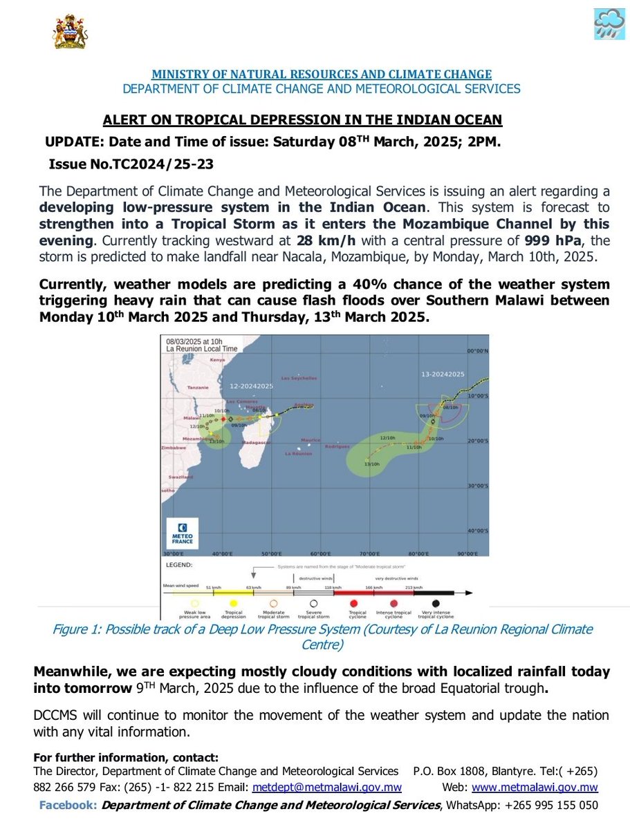 According to @DccmsM, there is a 40% chance that the Tropical Depression that has developed in the Indian Ocean will trigger heavy rains in the Southern Region, from Monday, 10th March, 2025.