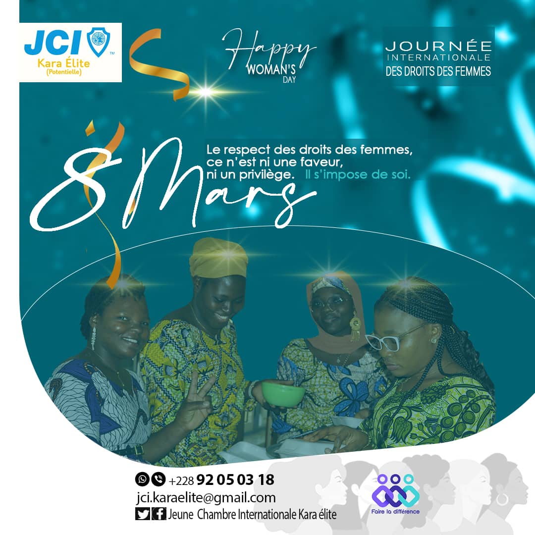 En ce #8mars, Journée Internationale des Droits des Femmes, l'ami Président Médard Mèwèmètè GNAMSIM et son Comité Directeur Local unissant leurs voix à celle de toute la #JCIKaraÉlite adressent à toutes nos #sœurs, #filles et #femmes leurs souhaits les plus ardents.