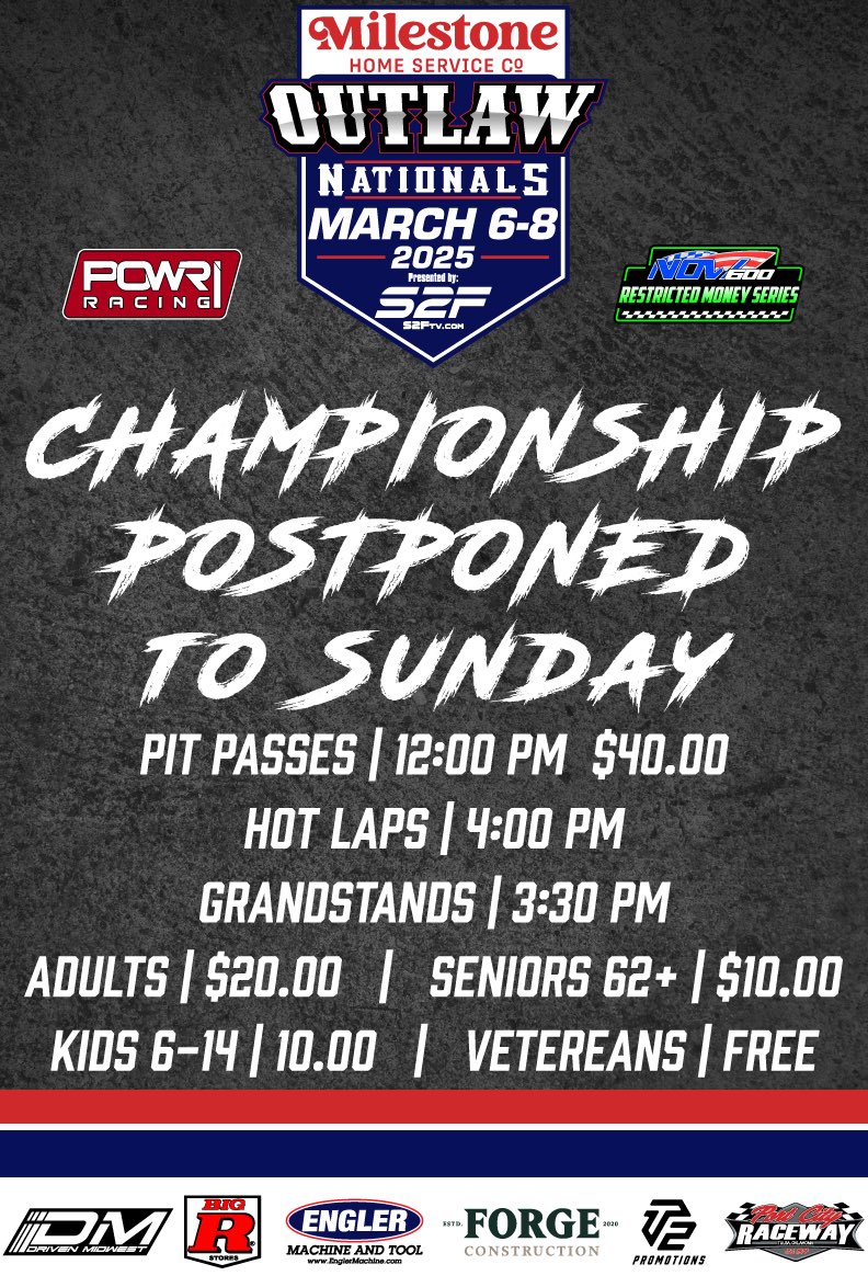 The Forge Construction Championship Night of the 2025 Outlaw Nationals has been rescheduled to Sunday! Incoming inclement weather and frigid temperatures have forced officials to delay the event, prioritizing the safety of competitors, crews, and officials.