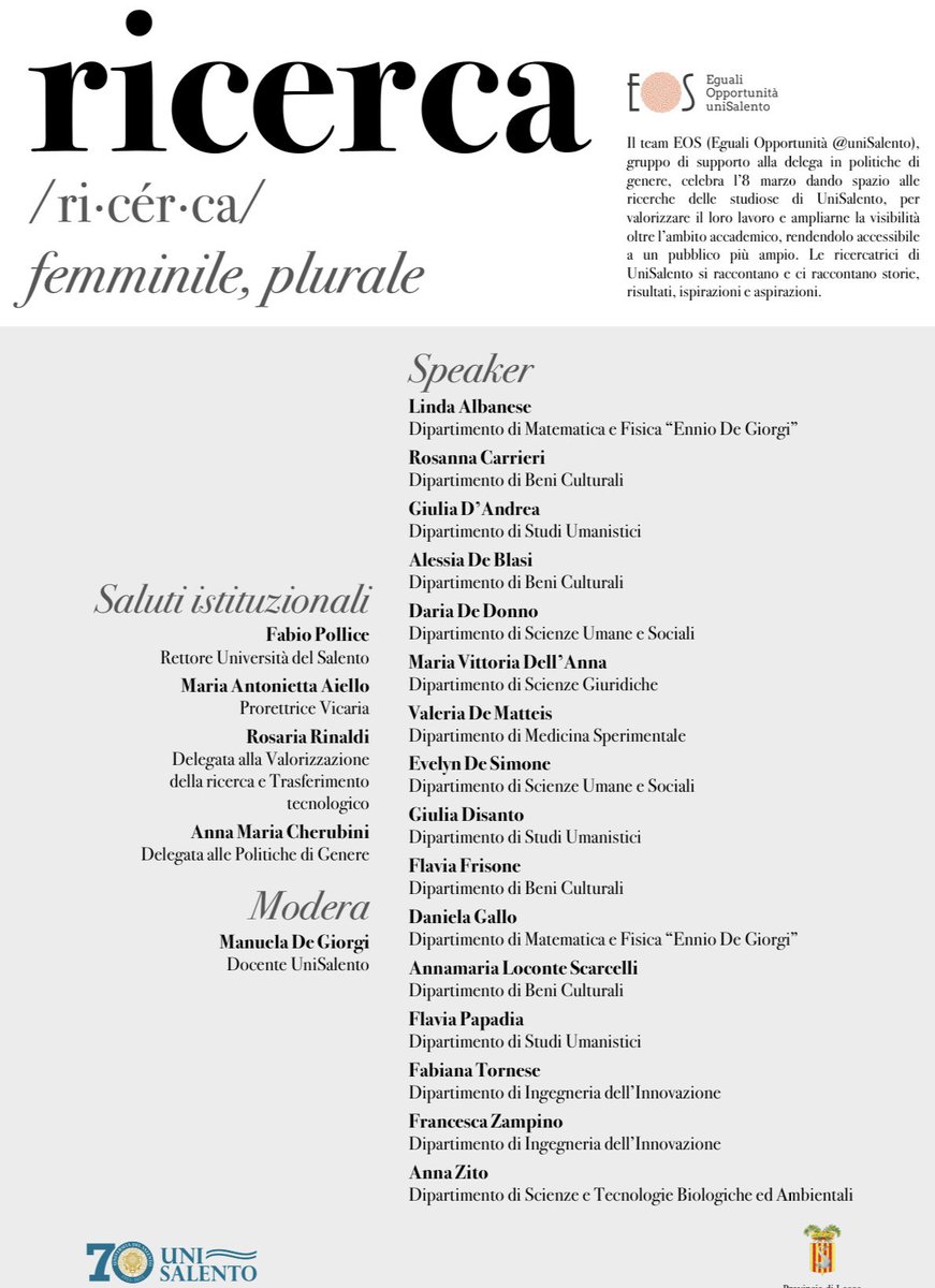 FlaviaFrisone's tweet image. #allascuoladelledonne

🎓 @unisalento celebra l’#8marzo con &apos;Ricerca femminile, plurale&apos; 

👩‍🎓 16 studiose condividono i loro ricerche. Io parlerò delle donne in antica Grecia, voci nascoste da ritrovare

#unisalento #storiagreca  #ancientgreece #donne 

Caratteri: 215