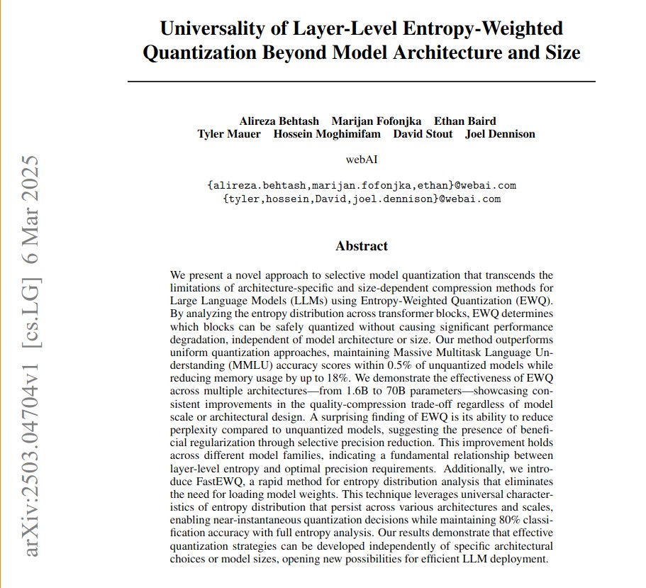 LLMs use fixed strategies for all questions.

This is inefficient due to varying layer sensitivity to quantization. This paper introduces Entropy-Weighted Quantization (EWQ) for selective compression based on layer entropy.

📌 Entropy-Weighted Quantization uses layer entropy to