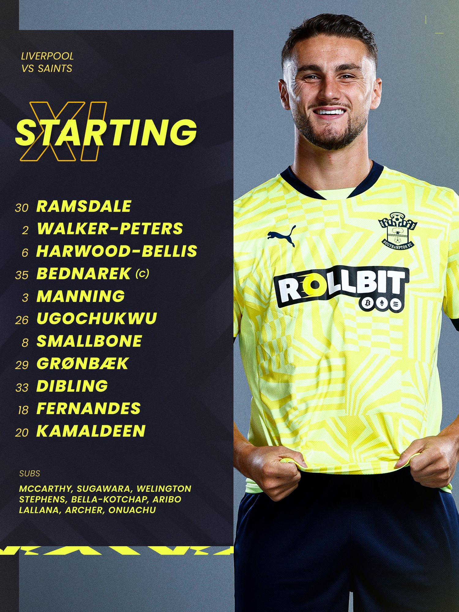 Southampton starting team: Ramsdale, Walker-Peters, Harwood-Bellis, Bednarek (captain), Manning, Ugochukwu, Smallbone, Grønbæk, Dibling, Fernandes, Kamaldeen.

Substitutes: McCarthy, Sugawara, Welington, Stephens, Bella-Kotchap, Aribo, Lallana, Archer, Onuachu.

On the right side of the line-up graphic is a picture of Taylor Harwood-Bellis who is wearing the yellow away shirt and grabbing the bottom of it with both hands, while looking straight towards the camera and smiling.