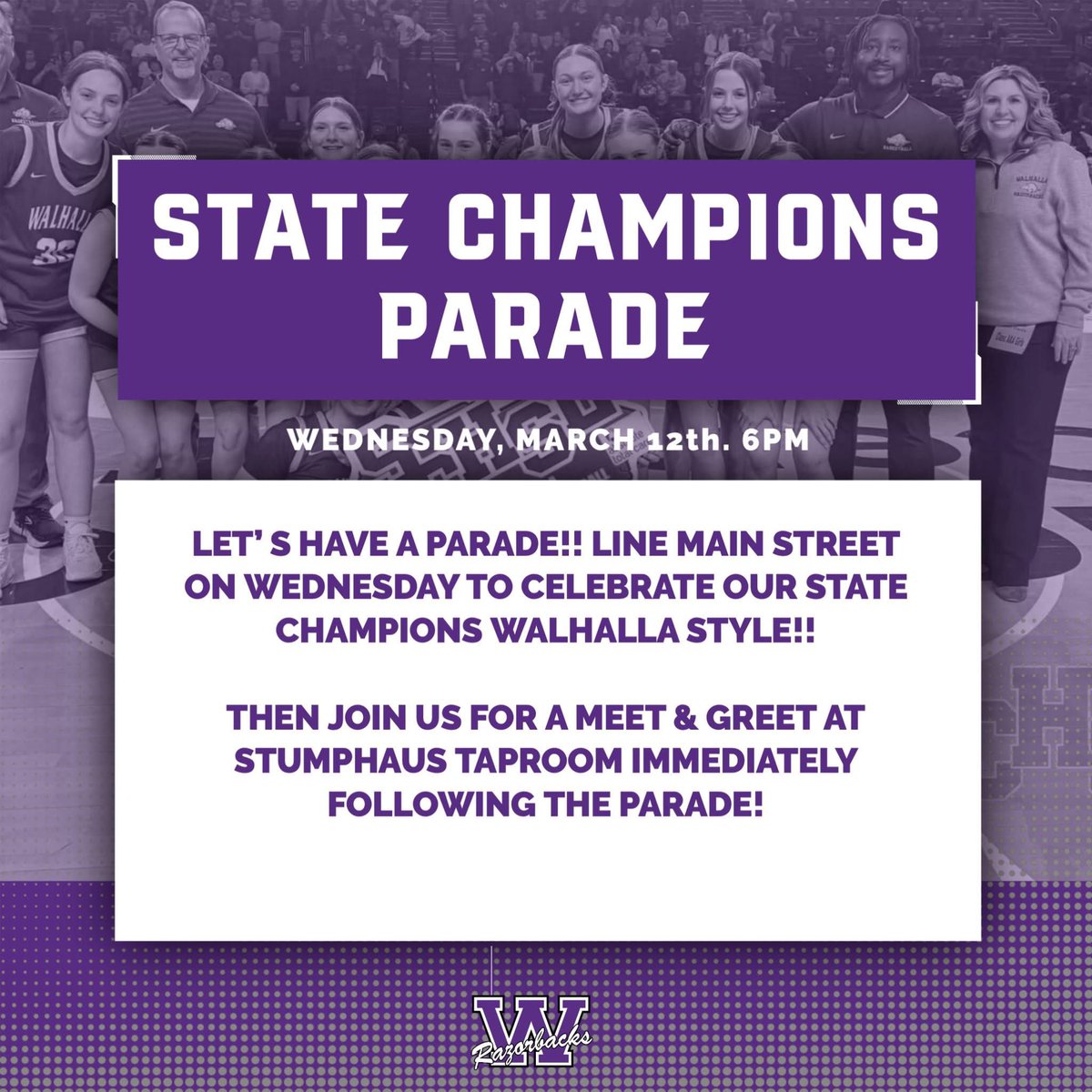 MARK YOUR CALENDARS!! WE ARE HAVING A PARADE FOR OUR STATE CHAMPIONS!!

SHOW UP AND SHOW OUT RAZORBACK COMMUNITY!!