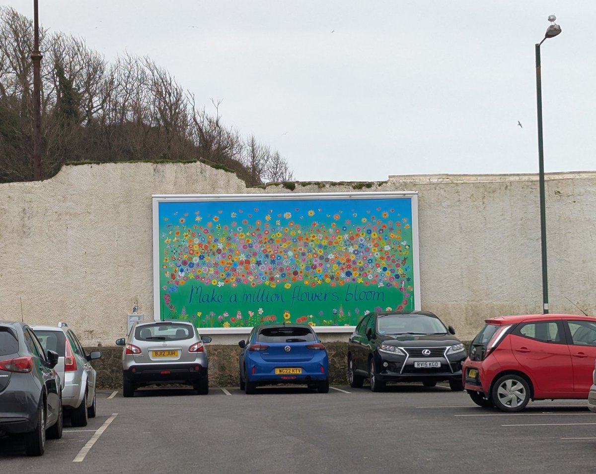 The Million Flowers Community Art Project poster is now up! The second picture shows the location in a large carpark near the seafront in Sidmouth. 401 local people aged from 4 to 85 painted the flowers in this vibrant artwork. To find out more  sidmouthart.org/projects/walls…