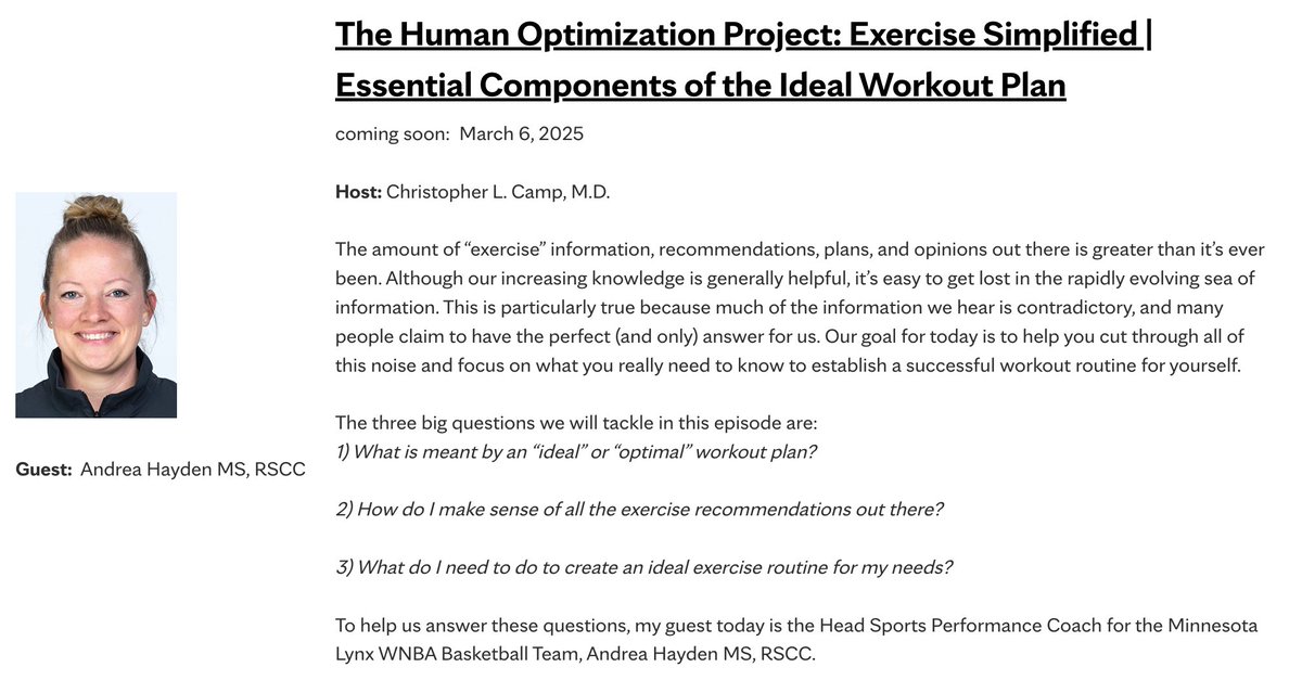 The Mayo Clinic Human Optimization Project (@mayohumanopproj) on Twitter photo Episode 2 out now:
Exercise Simplified: Essential Components of an Ideal Workout Plan for You
<a href="/AHaydenStrength/">Andrea Hayden</a>, Head Sports Performance Coach for <a href="/minnesotalynx/">Minnesota Lynx</a> breaks it down for us.
Full Pod👉 ce.mayo.edu/node/171044
<a href="/Lynx_PR/">Lynx PR</a> <a href="/PackOffCourt/">Timberwolves & Lynx Community Impact</a> <a href="/mayoclinicsport/">Mayo Clinic Orthopedics and Sports Medicine</a> <a href="/ChrisCampMD/">Christopher Camp, MD</a> Episode 2 out now:
Exercise Simplified: Essential Components of an Ideal Workout Plan for You
<a href="/AHaydenStrength/">Andrea Hayden</a>, Head Sports Performance Coach for <a href="/minnesotalynx/">Minnesota Lynx</a> breaks it down for us.
Full Pod👉 ce.mayo.edu/node/171044
<a href="/Lynx_PR/">Lynx PR</a> <a href="/PackOffCourt/">Timberwolves & Lynx Community Impact</a> <a href="/mayoclinicsport/">Mayo Clinic Orthopedics and Sports Medicine</a> <a href="/ChrisCampMD/">Christopher Camp, MD</a>