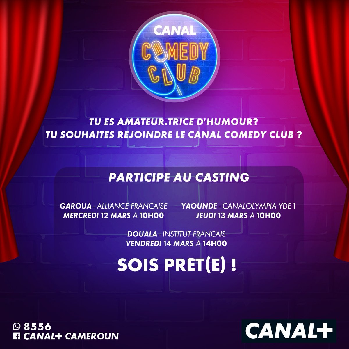Canal Comédie Cameroun est de retour !

Nous recherchons les jeunes humoristes les plus talentueux pour rejoindre notre équipe !
Vous faites du mot, vous avez des blagues qui font rire ? Venez vous donner une chance de devenir les grands humoristes du Cameroun

Vérifiez la fiche