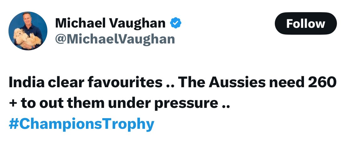 Zbigniew A C (@zbigszach) on Twitter photo Hey <a href="/MichaelVaughan/">Michael Vaughan</a>
Don't show your jealousy nature against TEAM INDIA saying India is winning Tomorrow's Match in their HOME GROUND . If they they Play well... They will WILL win for Sure👍
#TeamIndia will bring the #ChampionsTrophy2025 back🏆
BTW, How can #Dubai be Home Hey <a href="/MichaelVaughan/">Michael Vaughan</a>
Don't show your jealousy nature against TEAM INDIA saying India is winning Tomorrow's Match in their HOME GROUND . If they they Play well... They will WILL win for Sure👍
#TeamIndia will bring the #ChampionsTrophy2025 back🏆
BTW, How can #Dubai be Home