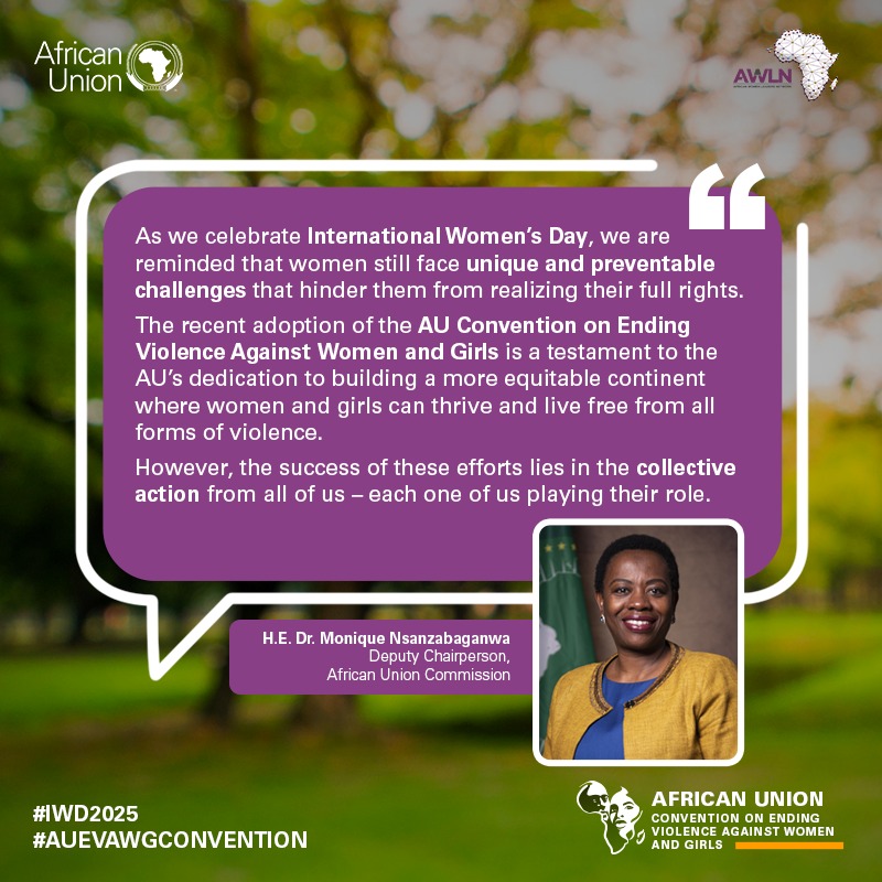 African Union Women, Gender & Youth Directorate (@au_wgyd) on Twitter photo The recent adoption of the #AUEVAWGConvention is a testament to <a href="/_AfricanUnion/">African Union</a>'s dedication to building a more equitable continent where women and girls can thrive and live free from all forms of violence. ~ H.E. Dr. <a href="/mnsanzabaganwa/">Dr Monique Nsanzabaganwa</a> in celebration of #IWD2025 The recent adoption of the #AUEVAWGConvention is a testament to <a href="/_AfricanUnion/">African Union</a>'s dedication to building a more equitable continent where women and girls can thrive and live free from all forms of violence. ~ H.E. Dr. <a href="/mnsanzabaganwa/">Dr Monique Nsanzabaganwa</a> in celebration of #IWD2025