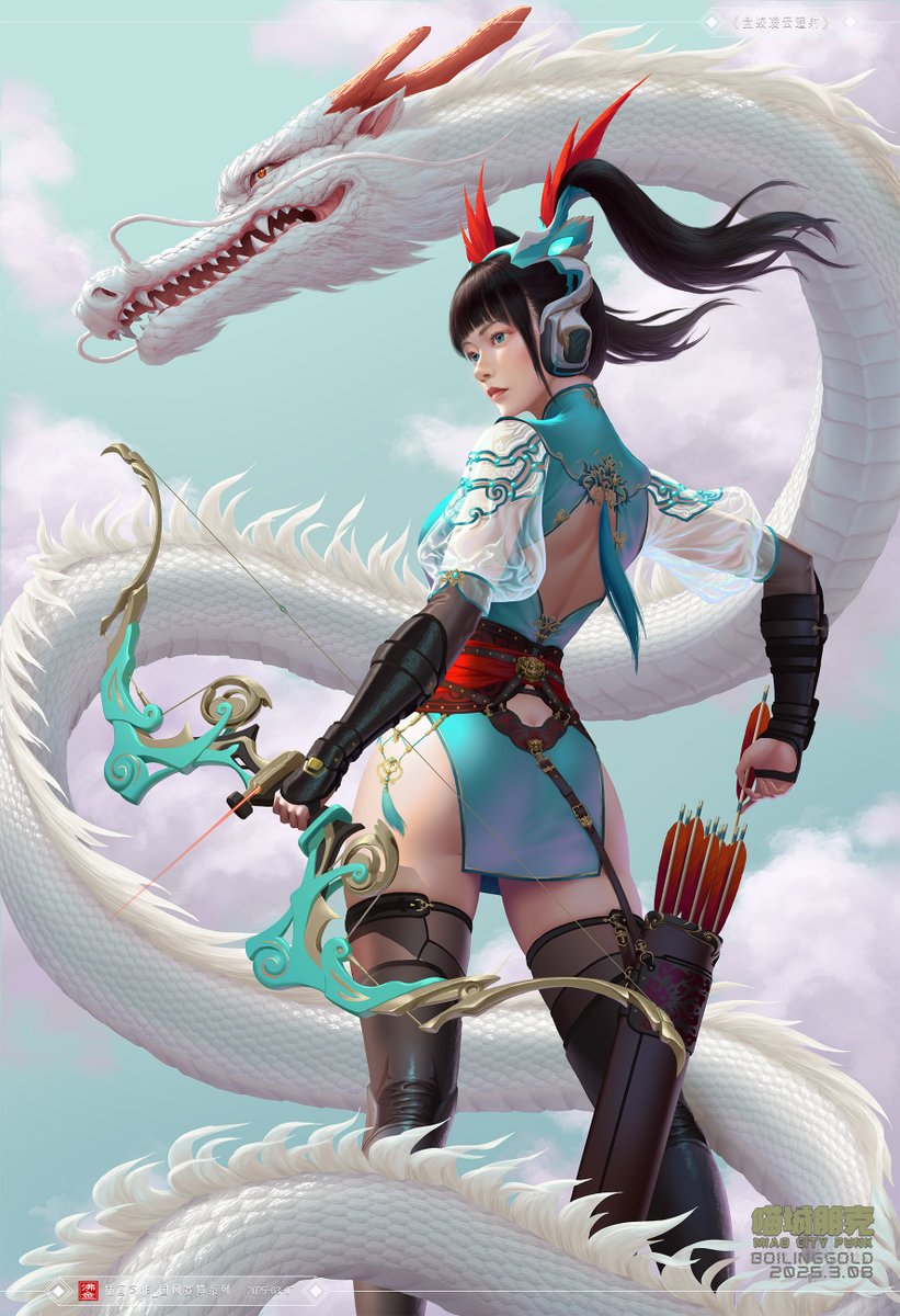 boilinggoldMAX's tweet photo. 插画习作_国风赛博系列_《喵城朋克-喵爪司-盘蛟凌云遥射》 https://t.co/MyHXIw11yW