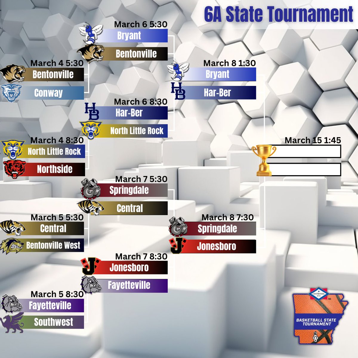 No Better Atmosphere Than Semifinal Saturday In 6A! 

We’ve seen some high level basketball the past 4 days here in Springdale. The best is yet to come. Prepare yourself for 2 heavyweight matches! 🥊 

Congratulations &amp; Good Luck To The Final 4 Teams! Let’s Go To War!! ⚔️