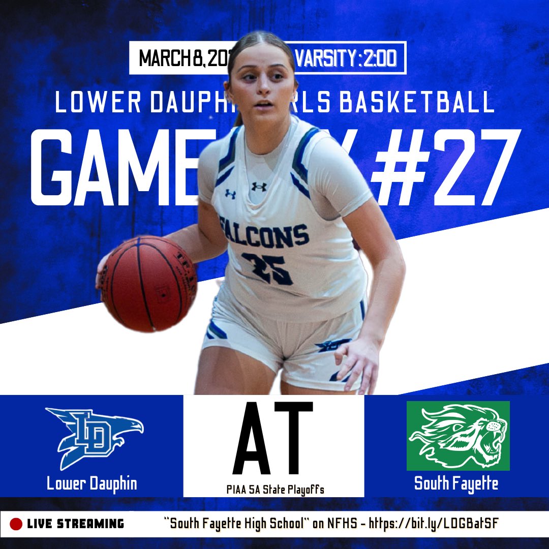 Lower Dauphin Girls Basketball (@ldgb) on Twitter photo Itโs PLAYOFF #GAMEDAY!
In the 1st round of States, we travel to play District 12โs runner-up, South Fayette (24-2).
๐: <a href="/SF_GirlsHoops/">South Fayette Lady Lions Basketball</a>
๐: McDonald, PA
๐๏ธ: Sat., March 8
๐: 2:00pm
๐: $8 - bit.ly/LDGBStateTix
๐ฅ๏ธ: bit.ly/LDGBatSF
#Together | #PAGirlsHoops | #LDGB๐ Itโs PLAYOFF #GAMEDAY!
In the 1st round of States, we travel to play District 12โs runner-up, South Fayette (24-2).
๐: <a href="/SF_GirlsHoops/">South Fayette Lady Lions Basketball</a>
๐: McDonald, PA
๐๏ธ: Sat., March 8
๐: 2:00pm
๐: $8 - bit.ly/LDGBStateTix
๐ฅ๏ธ: bit.ly/LDGBatSF
#Together | #PAGirlsHoops | #LDGB๐
