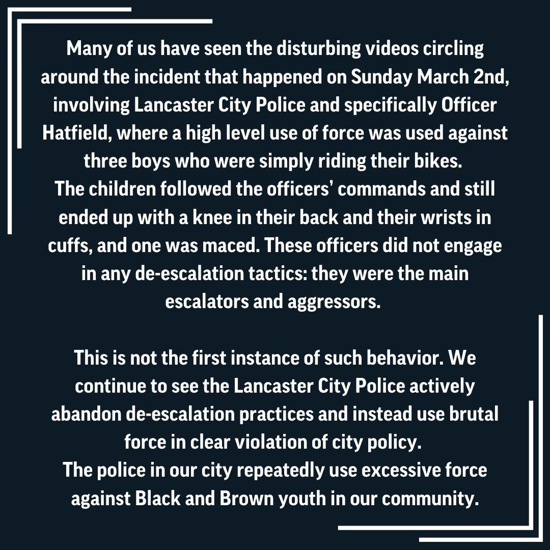 lancstandsup's tweet photo. We urge each of you to stand alongside us at the next City Council meeting this Tuesday, March 11th at 6:30pm to ensure that our voices are heard and that this pattern of violence ends. If you live in Lancaster City, you can also use this form to send to city officials. https://t.co/NHovc3RpVv