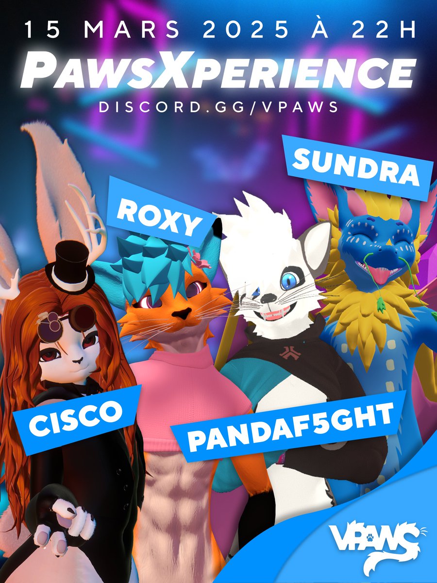 VirtualPawsFR's tweet image. Pour célébrer les 3 ans du VPaws nous organisons la première édition du PawsXperience ! Un festival de musique qui se déroulera pendant la soirée du 15 mars 2025 de 22h à 02h.

Retrouvez le programme juste en dessous :

#VPaws #VRChat #PawsXperience
