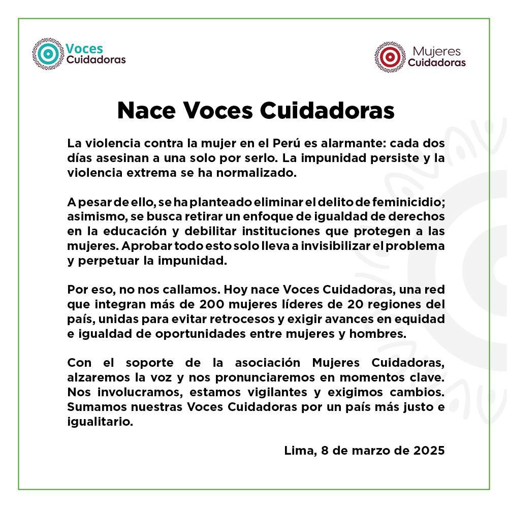 💜 Hoy, más de 200 mujeres en 20 regiones del país alzamos la voz. Yo soy parte de #VocesCuidadoras porque creo en la igualdad, en la justicia y en que la violencia de género no puede seguir normalizándose.
🔥 No vamos a retroceder.
🌟 Súmate y comparte  este mensaje.