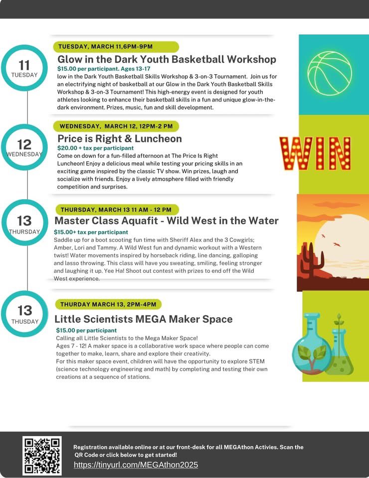 Looking for something fun to do during March Break?

🤸Registration to all Events: 
tinyurl.com/YMEGAthon2025
🪁Full Megathon program guide: pcymca.ca/schedules/

#marchbreak #pictoucounty
#megathon #fun #fundraiser #supportingstrongcommunity