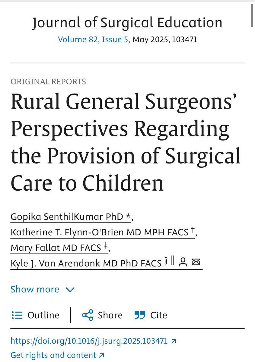 Gopika SenthilKumar, PhD (@gogo_gopss) on Twitter photo Excited to our share our new 📝 in <a href="/JSurgEduc/">Journal of Surgical Education</a>! Here, we explore:
1️⃣ Hospital, training, & policy-related factors that most influence general surgeons’ decision to operate on children in the rural setting
2️⃣ Whether additional pediatric surgery exposure during or after residency Excited to our share our new 📝 in <a href="/JSurgEduc/">Journal of Surgical Education</a>! Here, we explore:
1️⃣ Hospital, training, & policy-related factors that most influence general surgeons’ decision to operate on children in the rural setting
2️⃣ Whether additional pediatric surgery exposure during or after residency