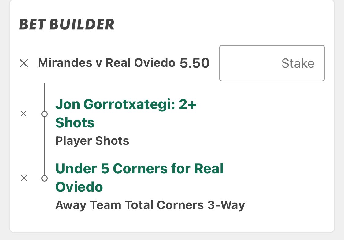 🇪🇸 Mirandes vs Oviedo

Jon Gorrotxategi 1+ Shots
Under 7 Oviedo Corners

Stake 1.25u @ 1.80

Jon Gorrotxategi 2+ Shots
Under 5 Oviedo Corners

Stake 0.25u @ 5.50

4.50 Min

Gorrotxategi Shots -
1,2,2,2,1,1,3,1

Oviedo Away Corners -
2,3,4,5,5,0,2,3,

Mirandes concede the 2nd