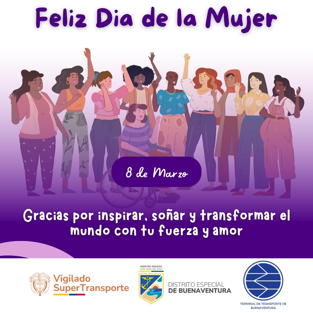 💜✨ ¡Feliz Día de la Mujer! ✨💜

Hoy celebramos la fuerza, valentía y amor que cada mujer aporta al mundo. 🌍💖 Desde la Terminal de Transporte de Buenaventura, les enviamos gratitud y admiración.

¡Que este día esté lleno de sonrisas y bendiciones! 🌸🎉

#DíaDeLaMujer