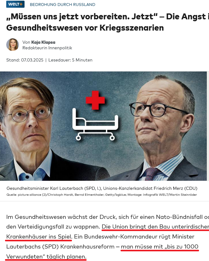 Megaschulden 2020: Berlin baut Notklinik für 50 Mio. Euro, Coronakranke kommen nie, Abriss.
Megaschulden 2025: Union will unterirdische Kliniken, während die oberirdischen verrotten oder schließen.

Hintergrund: Schuldentöpfe führen zu Korruption und Verschwendung, wenn viel Geld