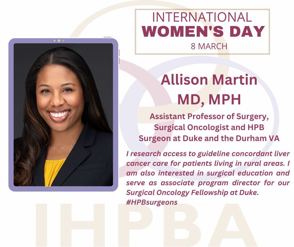 On #IWD2025 we honor our #WomenInHPBSurgery
🇺🇸 <a href="/globalsurgallie/">Allison Martin, MD MPH</a>🇺🇸 
#AssistantProfessor#SurgicalOncologist #HPBSurgeon @Duke #LiverCancerCare #SurgicalEducation #SurgOnc
⭐ #Empowering ⭐ #Resilient ⭐ #Inspiring ⭐ #Fearless ⭐ #Compassionate 
<a href="/IHPBA/">IHPBA</a> @A-PHPBA <a href="/AHPBA/">AHPBA</a>  #IHPBAECG