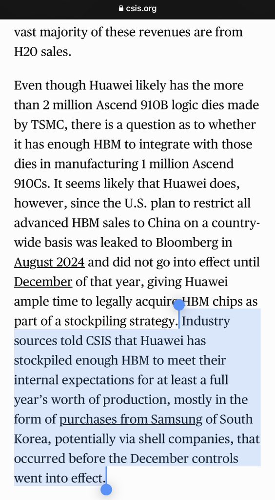 Great report with many previously unreported details, including that Huawei has received two million logic dies from TSMC through shell companies, and that it has stockpiled at least a full year worth of HBM before restrictions kicked in.