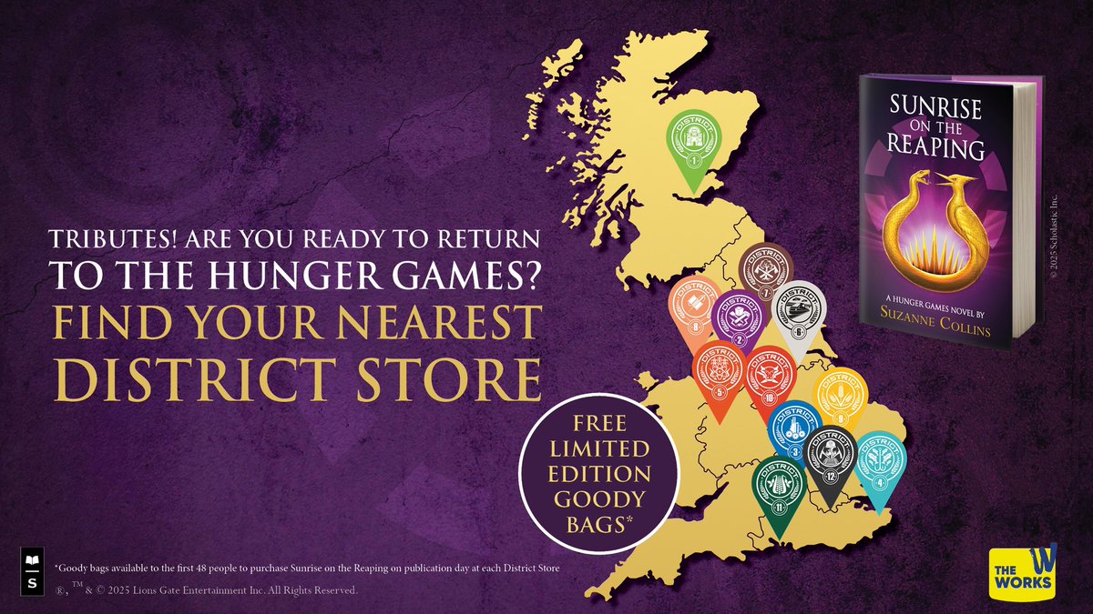 News just in from the Capital! Mark your calendars to pick up a copy of sunrise on the reaping <a href="/TheWorksStores/">The Works</a> as you may also get some limited exclusive merch!! Full details on the districts nearest to you: theworks.co.uk/page/events.ht… #Thehungergames <a href="/scholasticuk/">Scholastic UK</a> #bookx