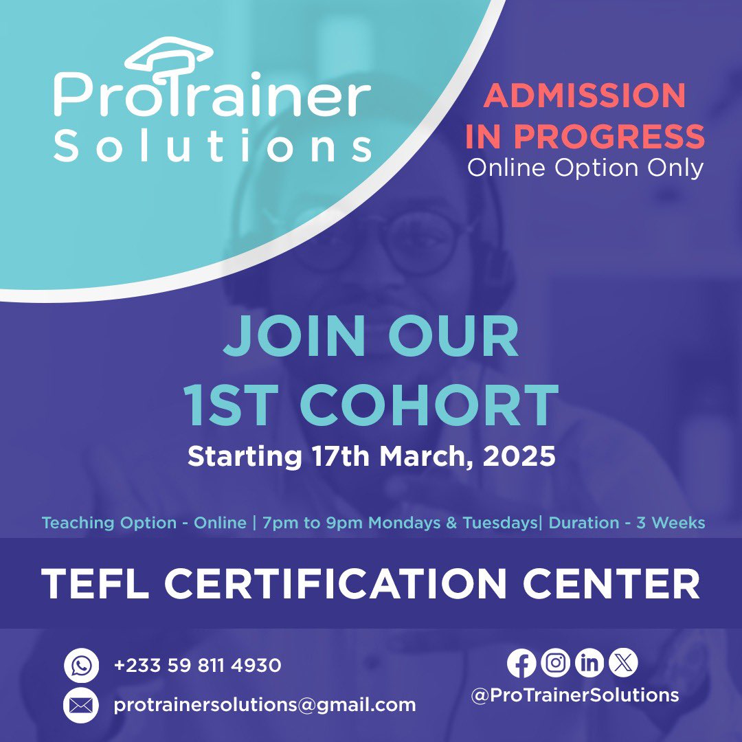 Get TEFL Certified! 🌍📚

Join ProTrainer Solutions' 3-week online TEFL training, starting March 17, 2025. Gain the skills to teach English globally!                                                                   Register here forms.gle/wmW9Y9Gfu7FJm6…