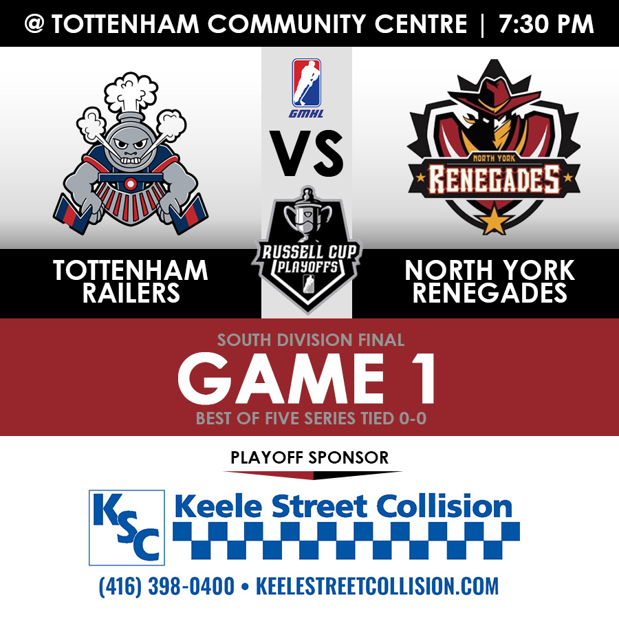HERE WE GO! YOUR Renegades travel north to take on the Tottenham Railers in Game 1 of their <a href="/TheGMHL/">GMHL</a>  South Division final. 
#unitedinred #gmhl #playoffs #runtotherussel #juniorhockey