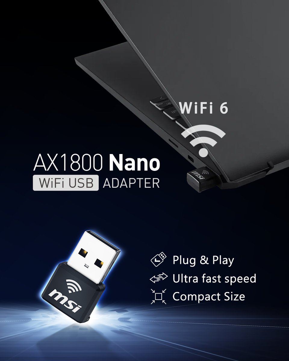 MSIBenelux's tweet image. Jouw laptop verdient betere WiFi.
Plug gewoon de MSI AX1800 Nano in en stap in de wereld van WiFi 6. Hij is zo klein dat je hem niet eens opmerkt... totdat je beseft dat je verbinding nog nooit zo sterk is geweest 😉

Klein maar krachtig.

#WiFi6 #USBAdapter #AX1800Nano