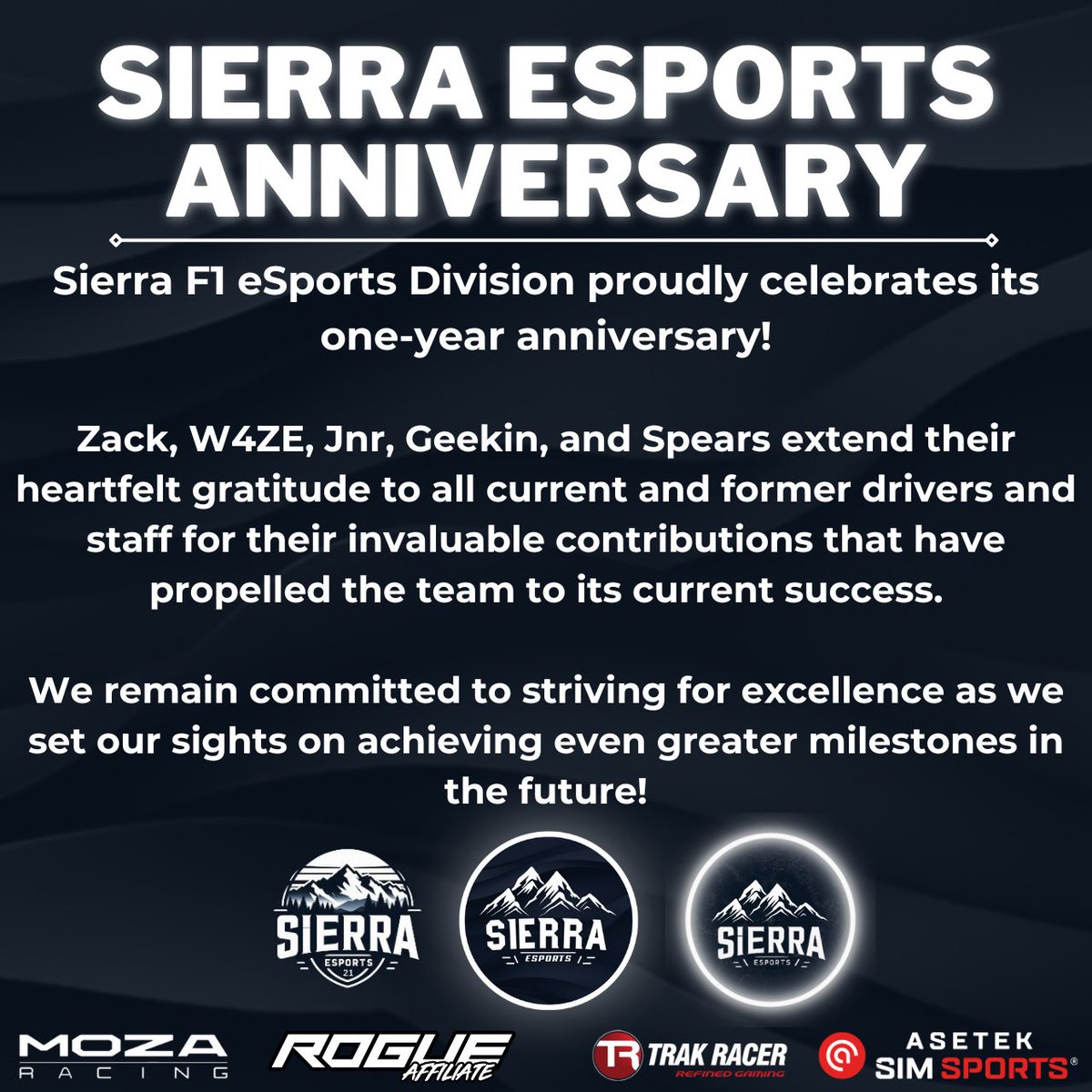 SierraEsports_'s tweet image. Happy one-year anniversary to our F1 Esports team!