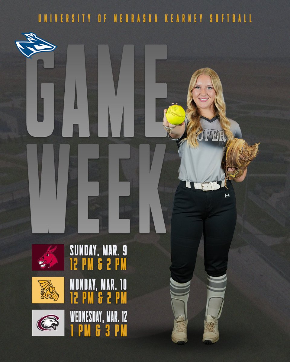 It’s almost game week for <a href="/UNKSoftball/">UNK Softball</a> ‼️🤘
🗓️: Mar. 9 | 12 &amp; 2 PM 
🗓️: Mar. 10 | 12 &amp; 2 PM 
🗓️: Mar. 12 | 1 &amp; 3 PM 
📍: Dryden Park, Kearney, NE 

#GoLopers #LopesUp