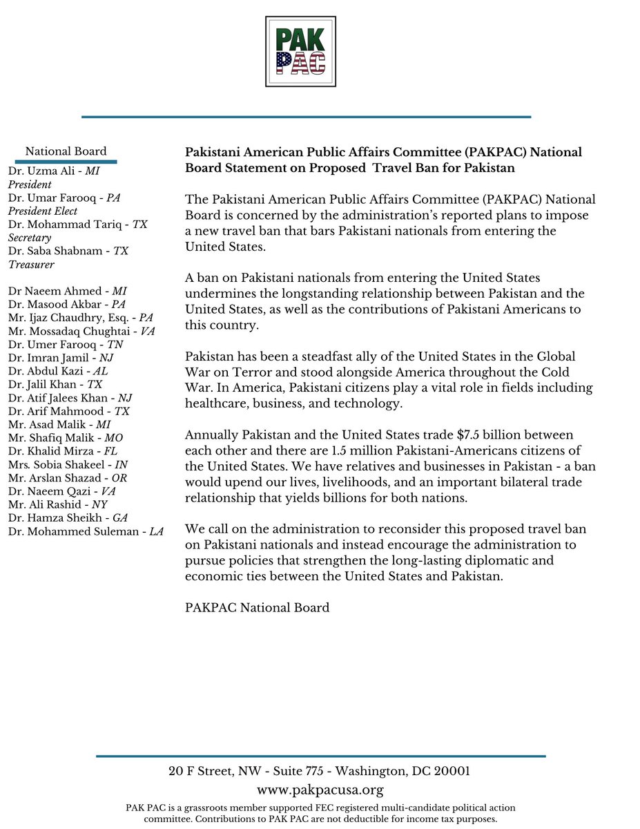 PAKPAC's statement on potential US travel ban for Pakistan