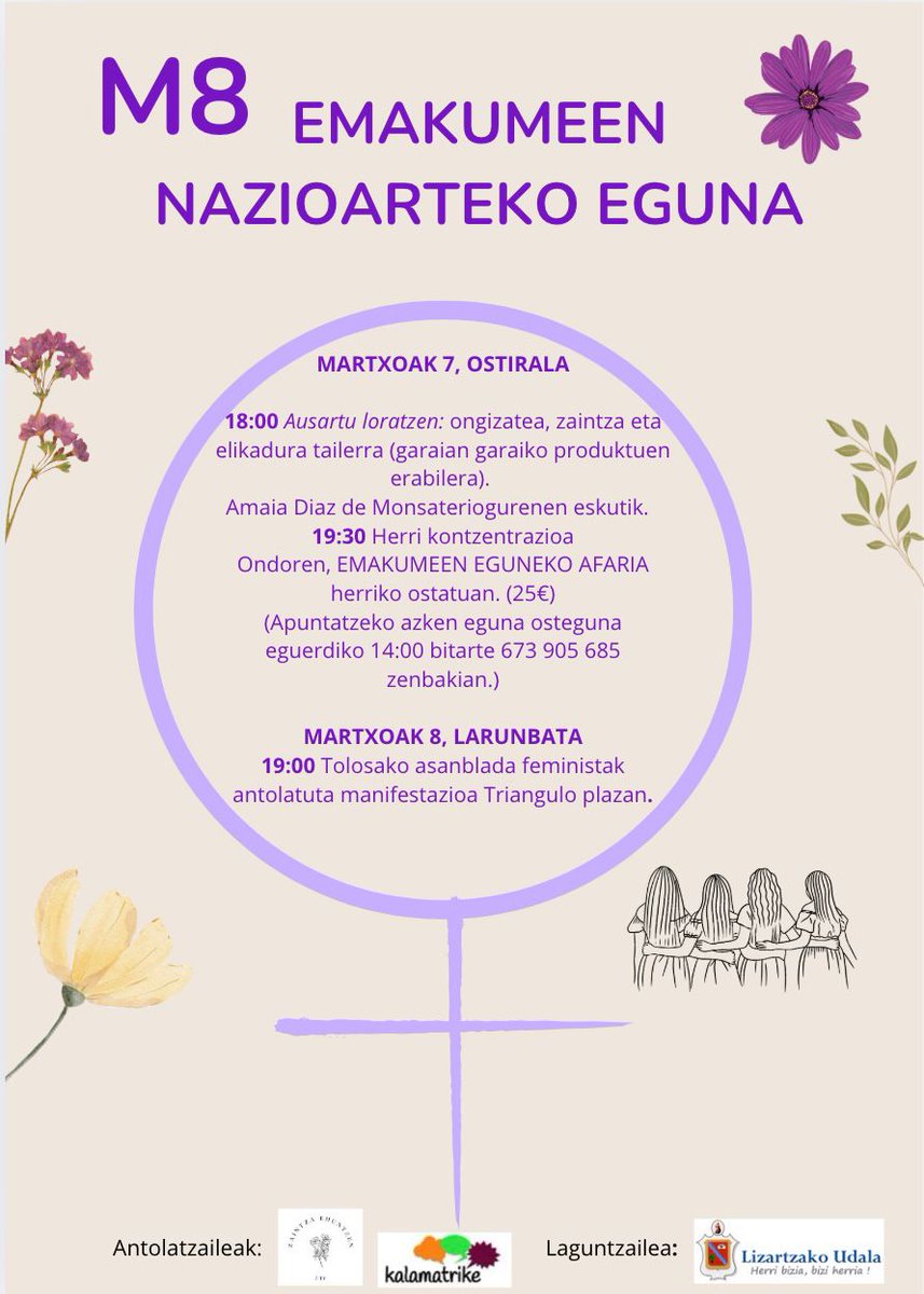 Gaur EMAKUMEEN NAZIOARTEKO EGUNA dela eta, Tolosako Triangulotik 19:00tan irtengo den manifestaziora animatzen zaituztegu.

Bide luzea dugun arren, goazen elkarrekin! 💜

LIZARTZAKO UDALA