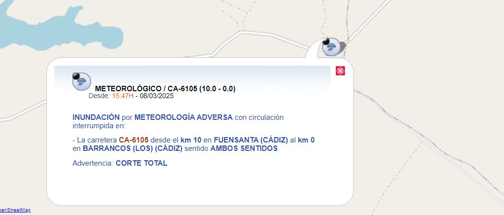 📌 #InfoDeServicio Cortadas al tráfico las siguientes vías debido a las #lluvias:

➡️ AL - 7107 km 8  Cuevas del Almanzora #Almería 
➡️ N-331 km 133 Antequera #Málaga
➡️ CA-6105 km 10 Arcos de la Frontera #Cádiz 

Extrema el cuidado y sé prudente