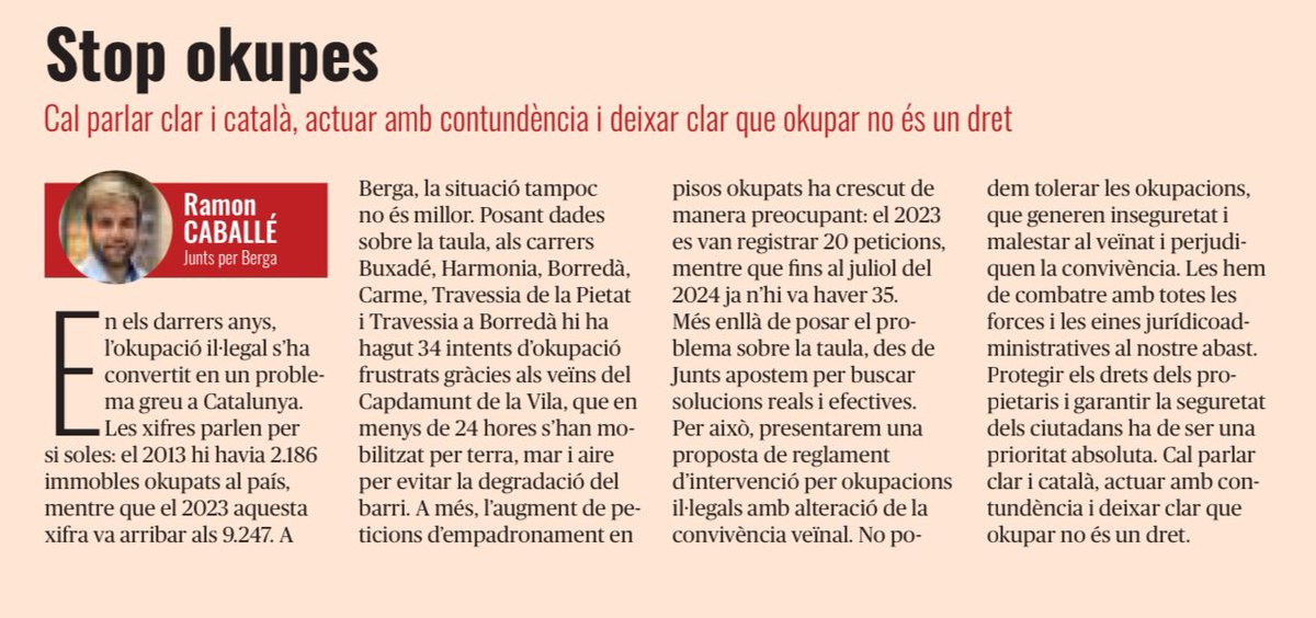A l’<a href="/AquiBergueda/">Aquí Berguedà</a> del març, he escrit Stop Okupes, on explico la proposta de <a href="/juntsperberga/">Junts per Berga</a> per fer front a la problemàtica.