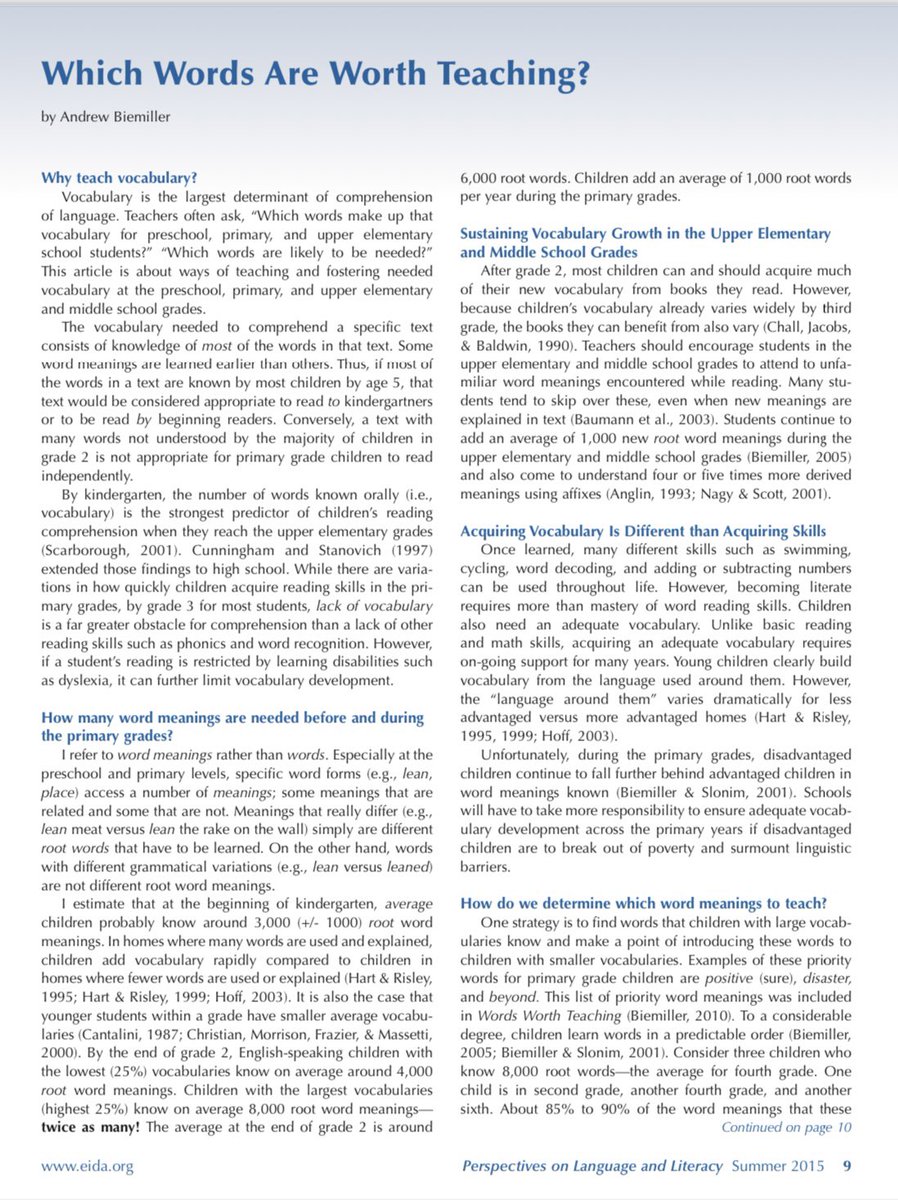 SoRticle #15: Vocabulary is Important- But Which Words are Worth Teaching?

￼”During the primary grades, disadvantaged children continue to fall further behind more advantaged children in word meanings known. Schools will have to take more responsibility to ensure adequate