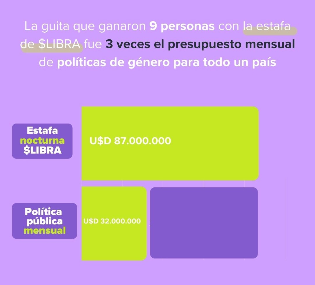 La plata que ganaron en una noche 9 personas con la estafa $LIBRA equivale a 3 meses de políticas de género para 1 millón de mujeres. Se olvidaron esa comparación en el video de Casa Rosada. #8M