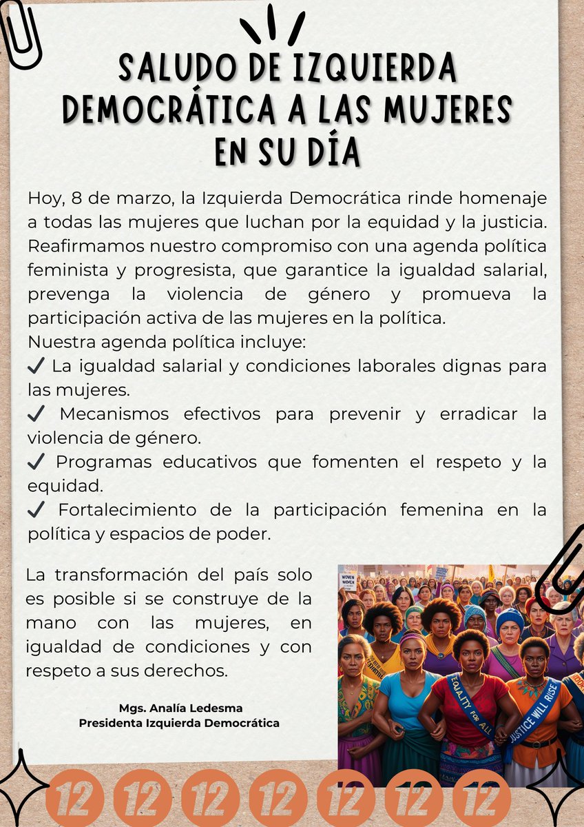En Izquierda Democrática, estamos convencidos de que la transformación del país solo es posible si se hace de la mano con las mujeres, en igualdad de condiciones y con total respeto a sus derechos.
#WomensDay #MUJERESenlucha