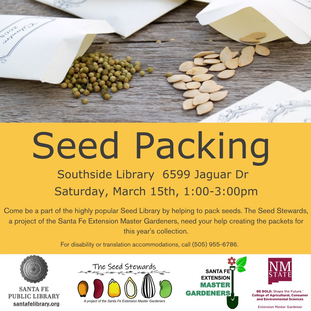 sfpl's tweet photo. #SeedPacking for the Southside Seed Library!
#SouthsideLibrary Café Room
Saturday, March 15, 2025
1:00pm - 3:00pm
Come be a part of the highly popular #SeedLibrary by helping to pack seeds!
Learn more about the Santa Fe Seed Library at https://t.co/l41ydB9z8J. https://t.co/QeNOp8yWEE