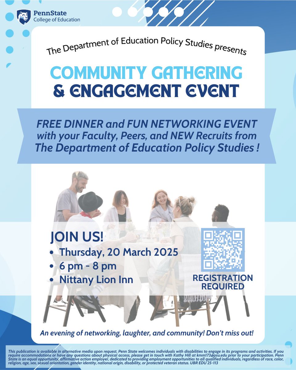 📢 EPL Community Gathering &amp; Engagement Event🎉

Join us for a fun evening of great food, networking, and community-building! Connect with students, faculty, staff &amp; admitted students!

📅 Thu, Mar 20 | 6-8 PM
📍 Nittany Lion Inn

RSVP by Mar 17 [forms.gle/CeicWkvPsXPGKD…]