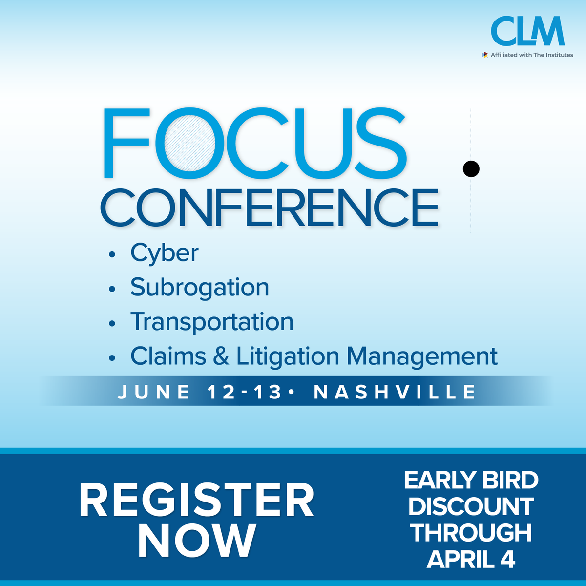 TheCLMalliance's tweet photo. We'll have big ideas and bold conversations regarding claims and litigation management for #Cyber, #Subro, #Transportation, and more when you join us at our Focus Conference in Nashville this June. Learn more about the sessions, speakers, and networking: https://t.co/B24oJ1HpOe https://t.co/WAG2leCLUO