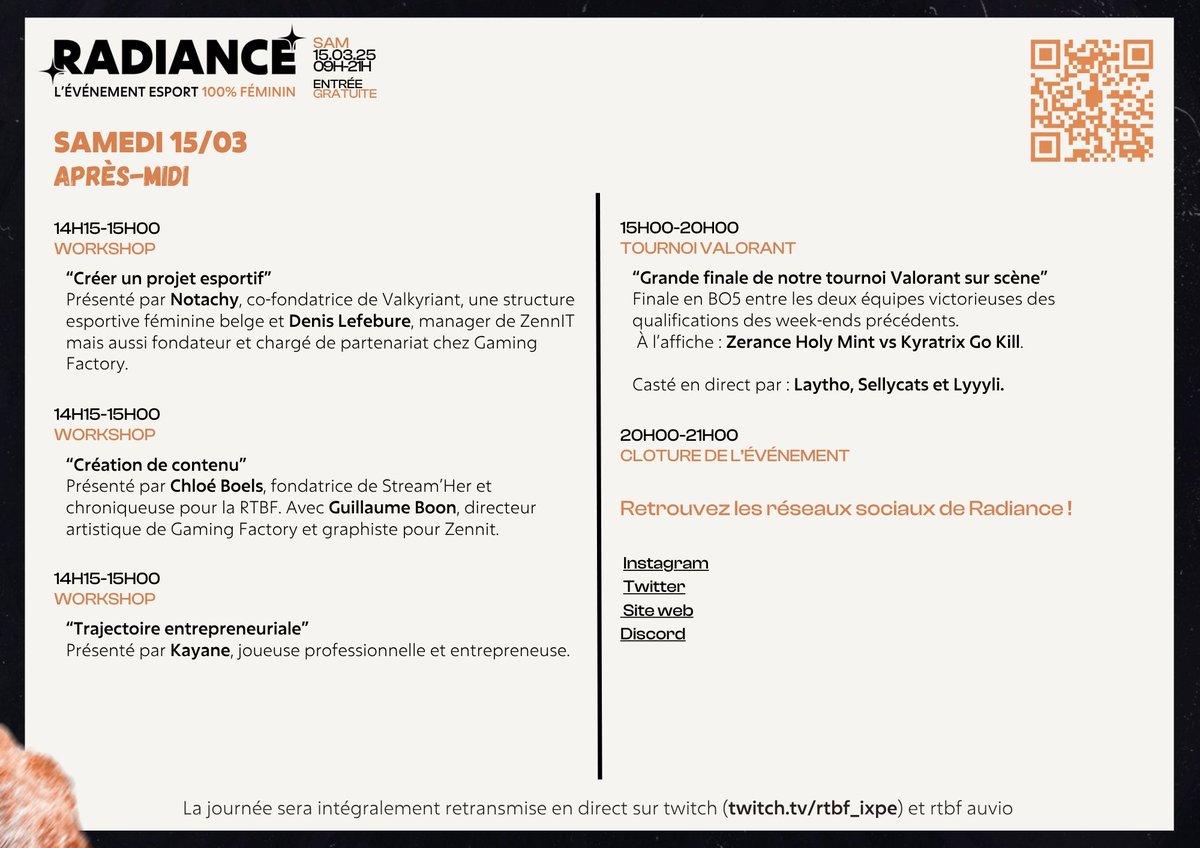 📢 La prog de Radiance est là !

🗓️ 15 mars à La Tricoterie (Bruxelles) &amp; en live sur RTBF iXPé

💬 Talks, tables rondes &amp; workshops de 10h à 15h
🎮 Grande finale Valorant 100% féminin dès 15h

🔥 Inscription gratuite → radiance.gg 

Qui sera là ? 👀