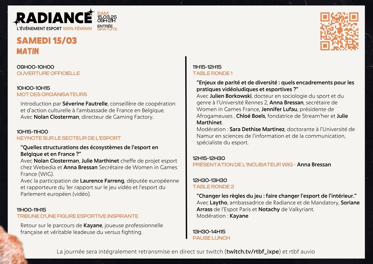 Radiance_be's tweet image. 📢 La prog de Radiance est là !

🗓️ 15 mars à La Tricoterie (Bruxelles) &amp;amp; en live sur RTBF iXPé

💬 Talks, tables rondes &amp;amp; workshops de 10h à 15h
🎮 Grande finale Valorant 100% féminin dès 15h

🔥 Inscription gratuite → radiance.gg 

Qui sera là ? 👀