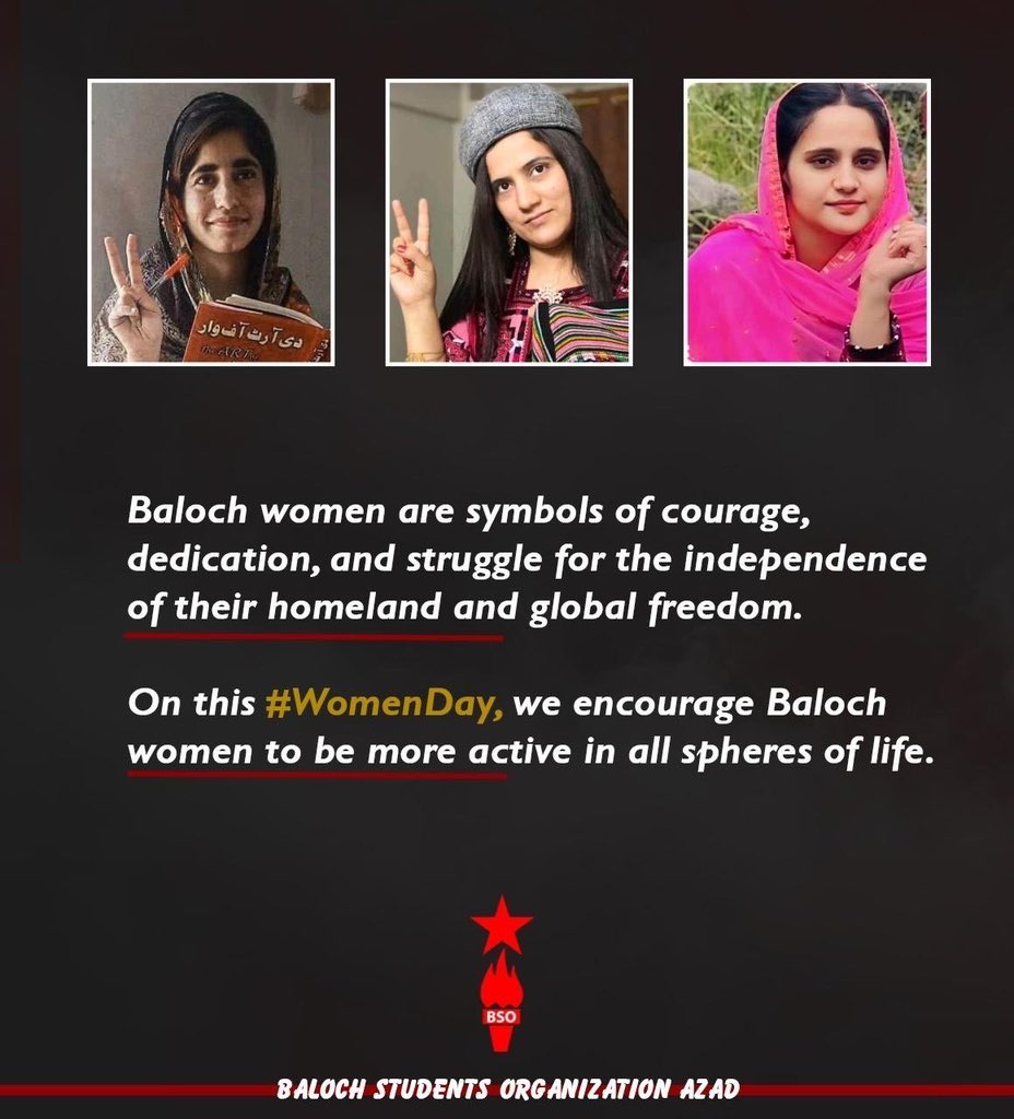 Baloch women are symbols of courage, dedication, and struggle for the independence of their homeland and global freedom.
On this #WomenDay, we encourage Baloch women to be more active in all spheres of life.