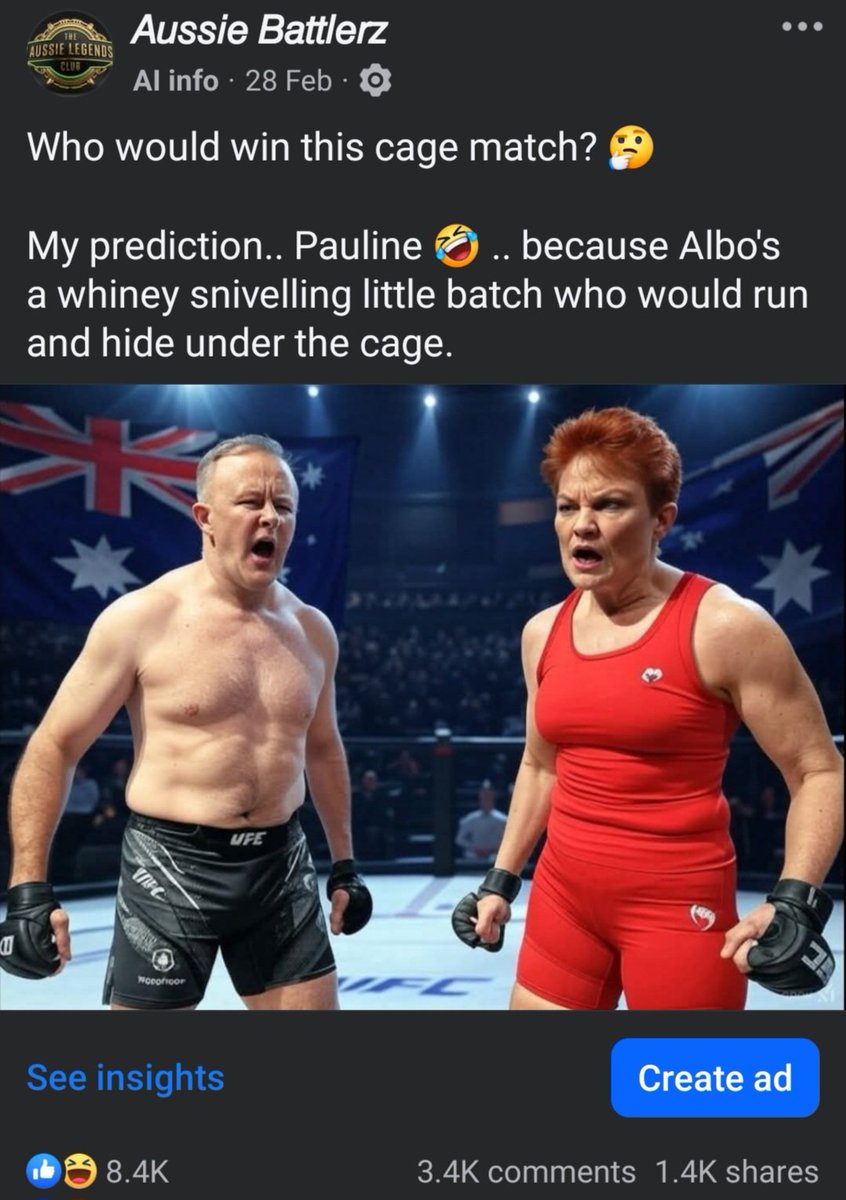 8.4 k likes and reactions, 1.4 k shares &amp; 3.4 k comments .. All in favour of <a href="/PaulineHansonOz/">Pauline Hanson 🇦🇺</a> .. 🤷