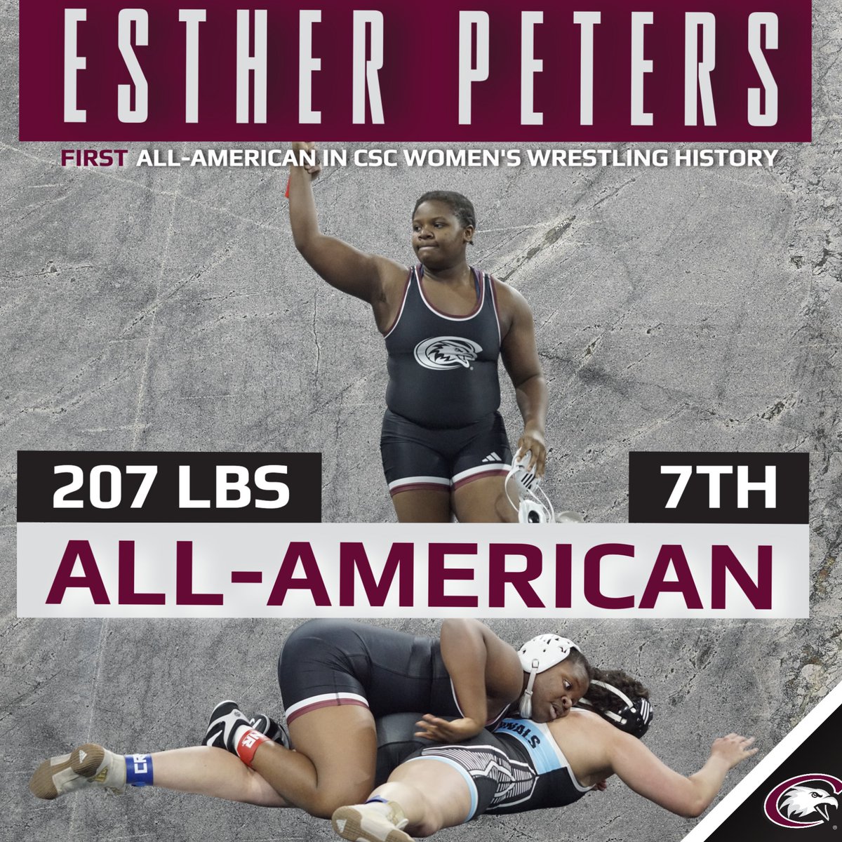 csceagles's tweet photo. ALL-AMERICAN: With a seventh-place finish today at 207 pounds, freshman Esther Peters becomes the first All-American in Chadron State women's wrestling history!

Congratulations Esther! https://t.co/ZjKFqQSLzk